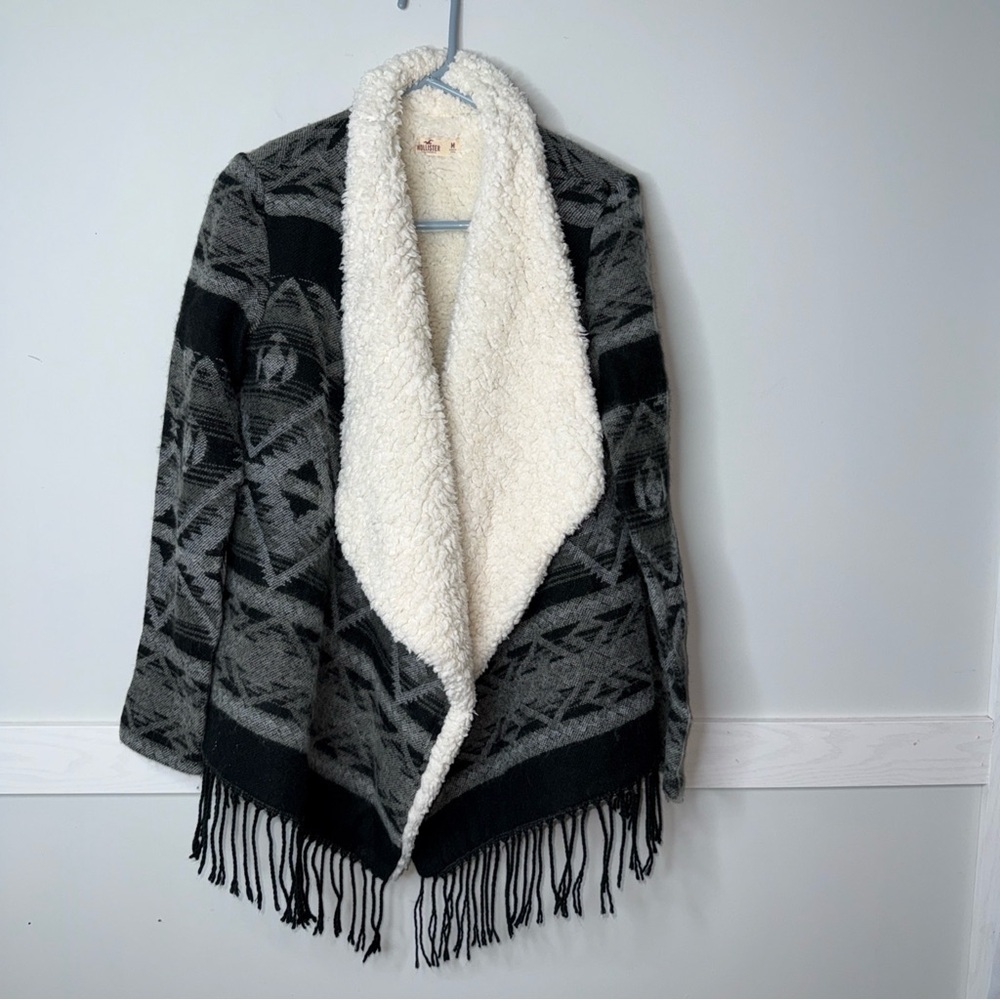 Hollister Black and Cream Aztec Print Fringe Cardigan